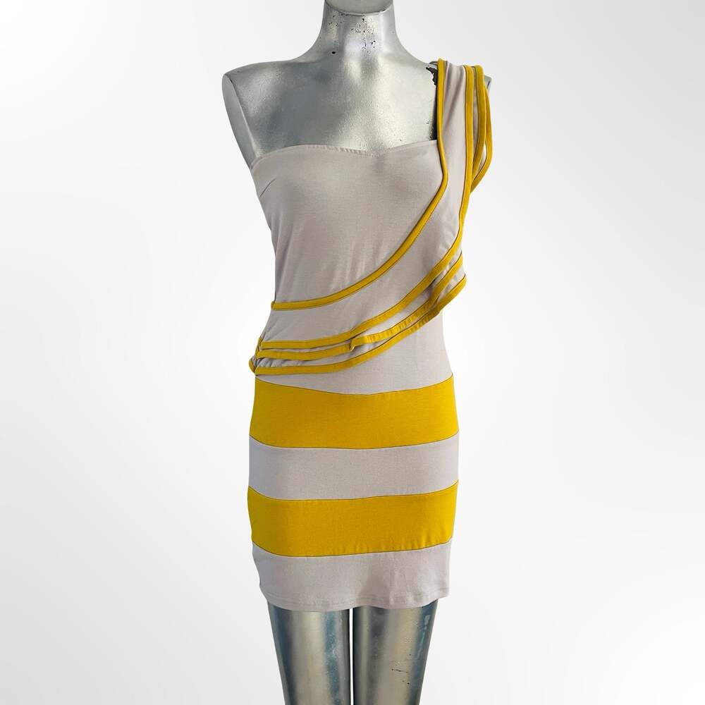 Gioia Fashion One Shoulder Dress Yellow Striped Bodycon Mini Size L